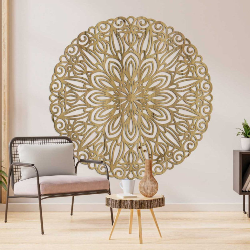 Carved wooden mandala on the wall, flower of...