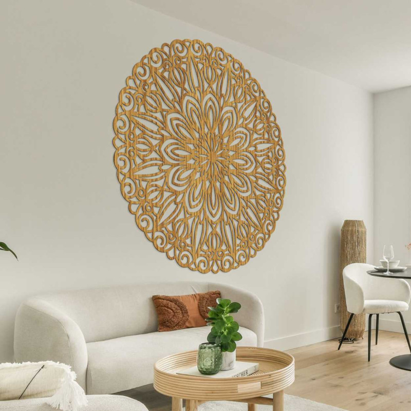 Carved wooden mandala on the wall, flower of...