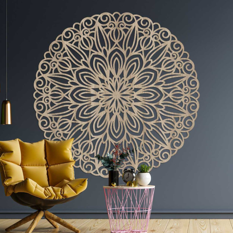 Carved wooden mandala on the wall, flower of...