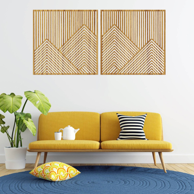 Wooden decoration with mountain lines brings harmony and minimalist style to the two-piece set.
