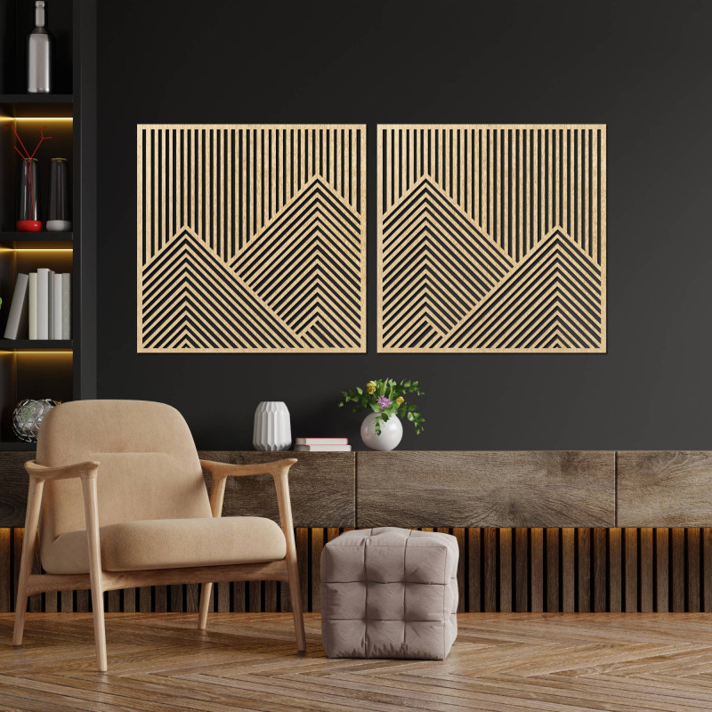 Modern wooden mountain painting with slatted design for the interior