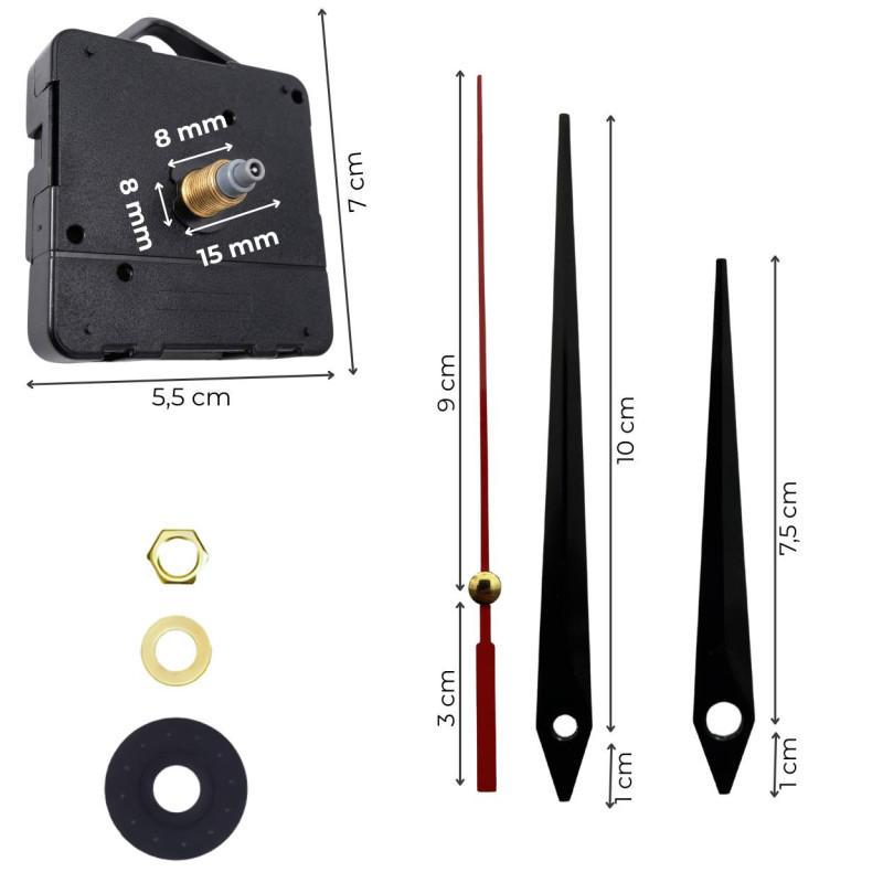 Black pointed aluminum clock hands with red...
