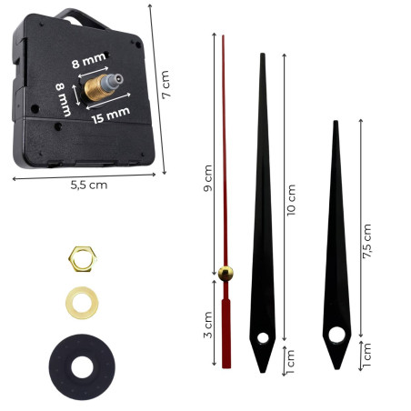 Black pointed aluminum clock hands with red seconds hand 11 / 8.5 cm