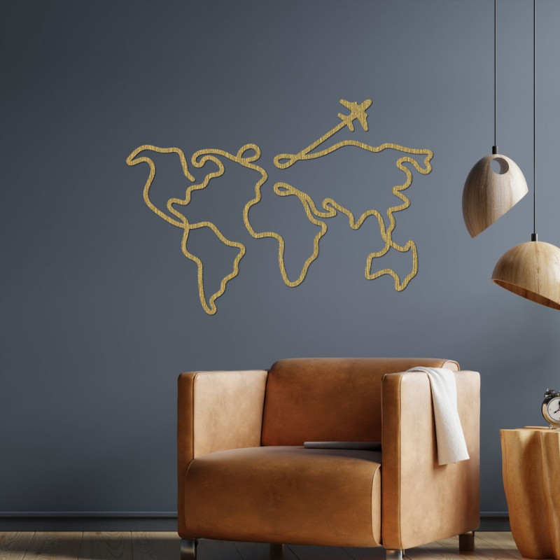 Wooden wall map of the world with details and a travel motif