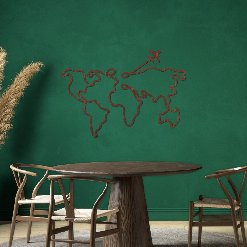 Wooden wall map of the world with details and a travel motif
