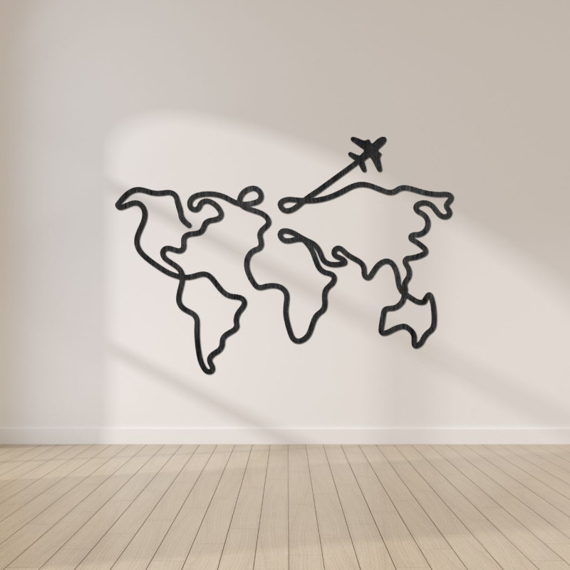 Modern wooden world map with an airplane for travel lovers
