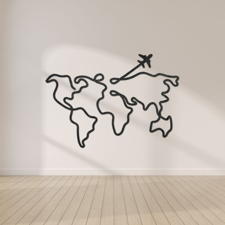 Modern wooden world map with an airplane for travel lovers