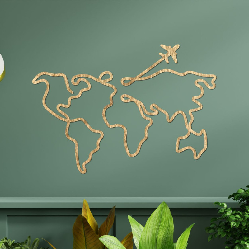 Modern wooden world map with an airplane for travel lovers