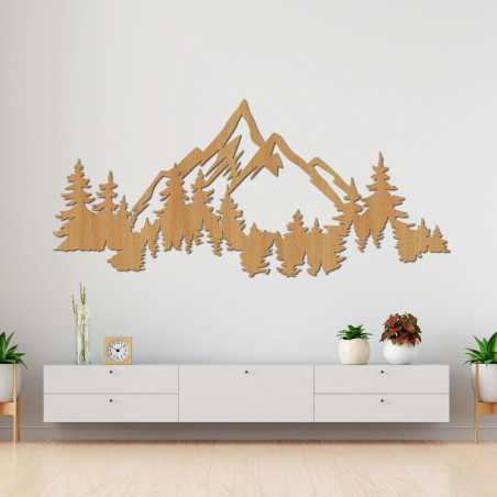 Wooden wall decoration with a mountain and forest panorama motif