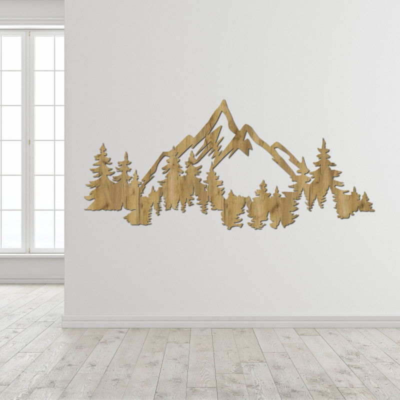Minimalist 3D image of mountains and forest made of black HDF board above the sofa