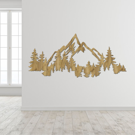 Minimalist 3D image of mountains and forest made of black HDF board above the sofa