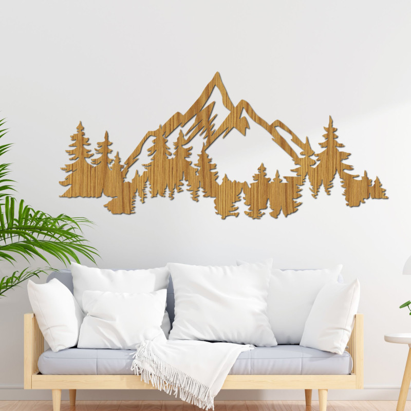 Minimalist 3D image of mountains and forest made of black HDF board above the sofa