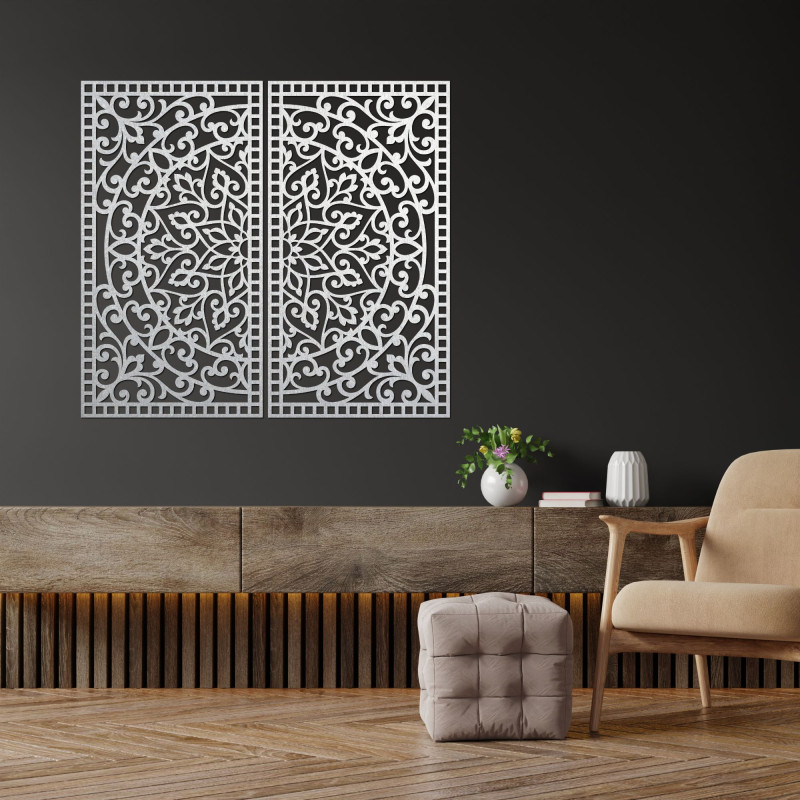 Wooden 3D Mandala on the wall – Carved diptych in boho style