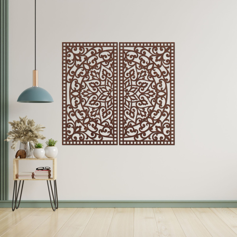 Wooden 3D Mandala on the wall – Carved diptych in boho style