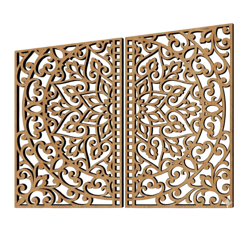 Detailed wooden mandala cutout as a two-piece decoration in a modern interior