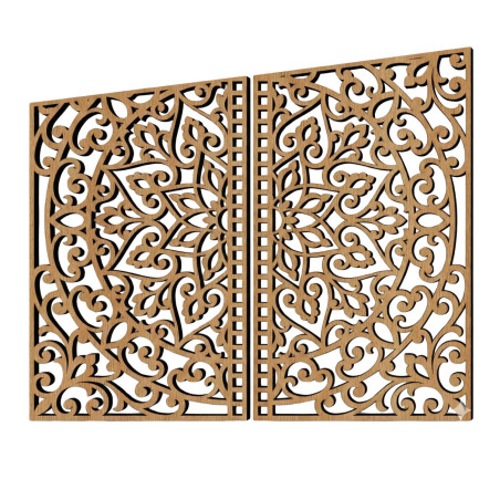 Detailed wooden mandala cutout as a two-piece decoration in a modern interior