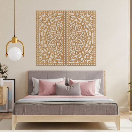 Symmetrical wall set of two paintings with an ornamental oriental mandala motif