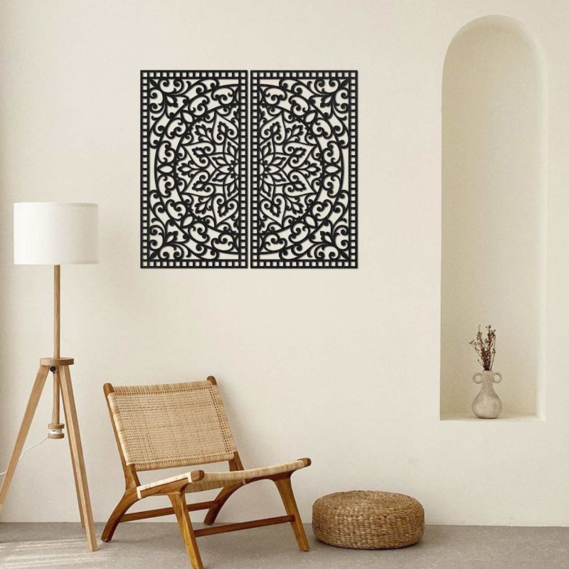 Symmetrical wall set of two paintings with an ornamental oriental mandala motif