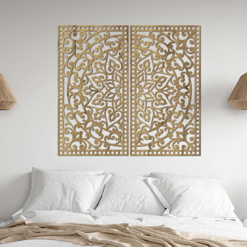 Luxurious 3D diptych with carved mandala pattern above designer chest of drawers in apartment