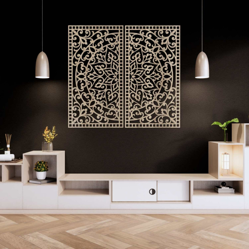 Luxurious 3D diptych with carved mandala pattern above designer chest of drawers in apartment