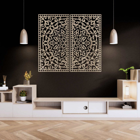 Luxurious 3D diptych with carved mandala pattern above designer chest of drawers in apartment