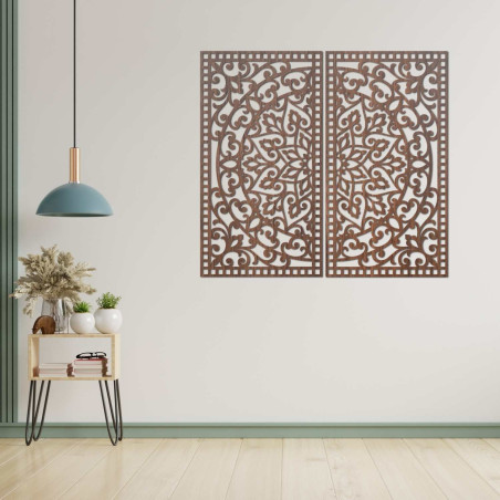 Luxurious 3D diptych with carved mandala pattern above designer chest of drawers in apartment