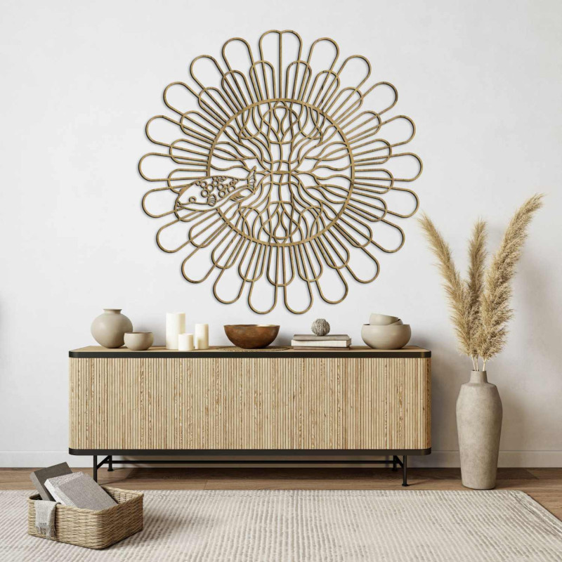 Carved 3D image of a four-toothed fish mandala made of black HDF board