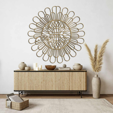 Carved 3D image of a four-toothed fish mandala made of black HDF board