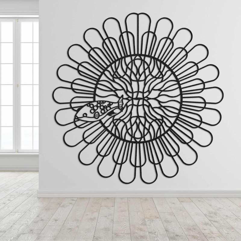 Carved 3D image of a four-toothed fish mandala made of black HDF board
