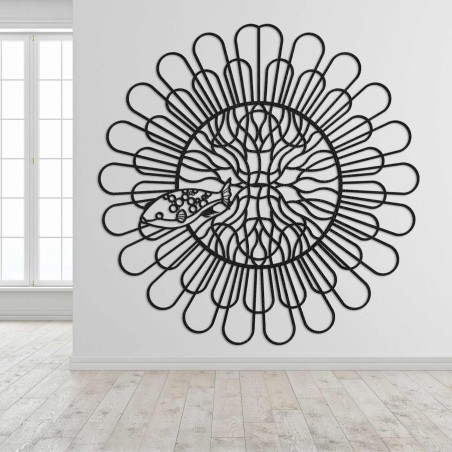 Carved 3D image of a four-toothed fish mandala made of black HDF board