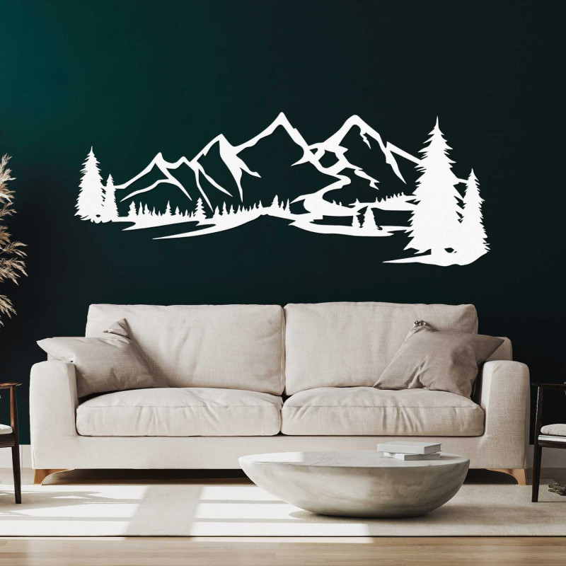 Black panoramic painting of mountains and forest above gray armchair in living room