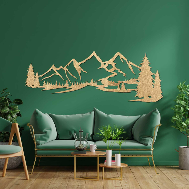 Black panoramic painting of mountains and forest above gray armchair in living room