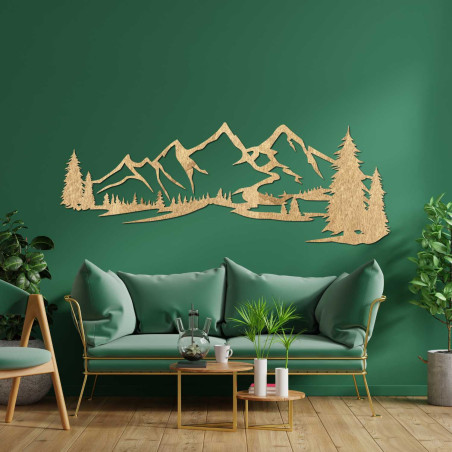 Black panoramic painting of mountains and forest above gray armchair in living room
