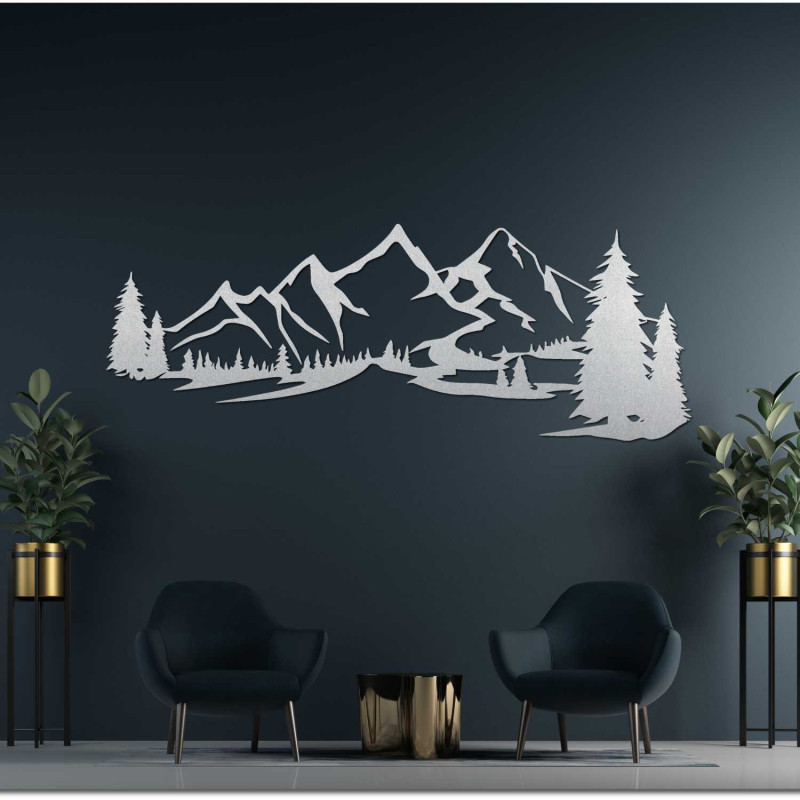 Wooden 3D decoration of mountains and conifers carved from black HDF board