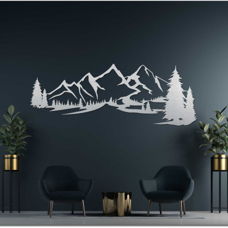Wooden 3D decoration of mountains and conifers carved from black HDF board
