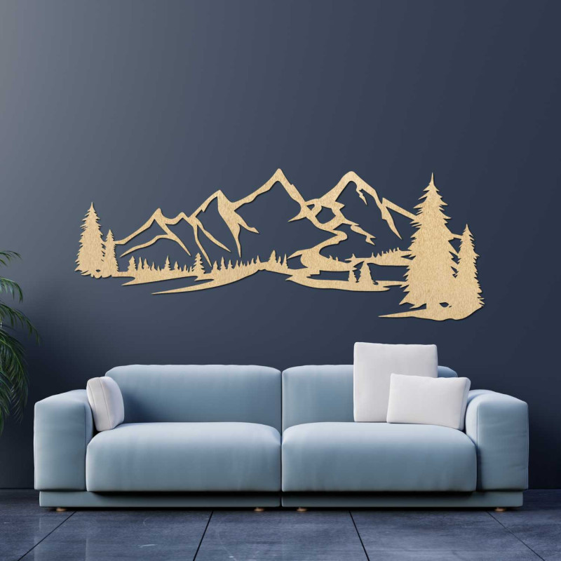 Wooden 3D decoration of mountains and conifers carved from black HDF board