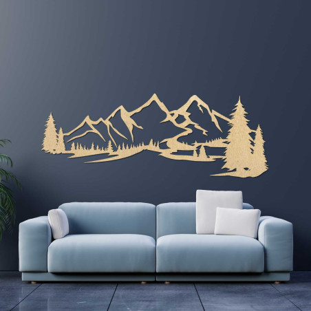 Wooden 3D decoration of mountains and conifers carved from black HDF board