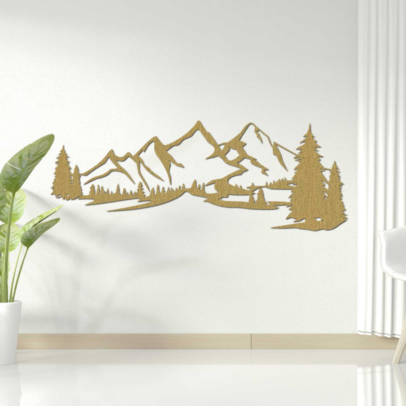 Wooden 3D decoration of mountains and conifers carved from black HDF board