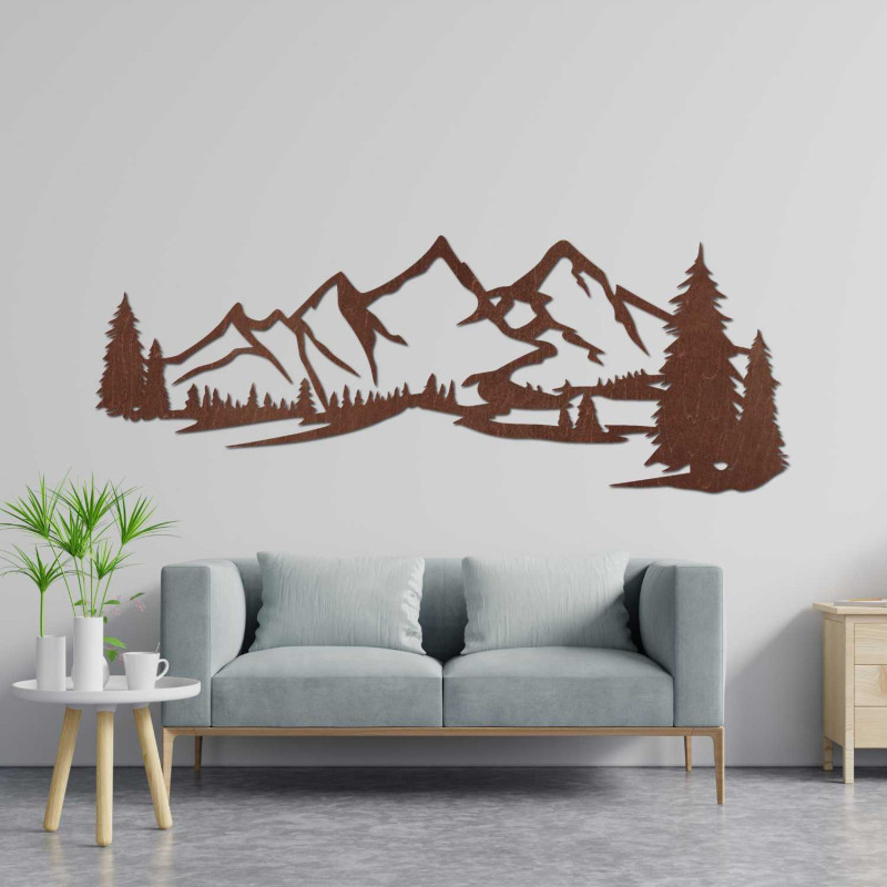 Wooden 3D decoration of mountains and conifers carved from black HDF board