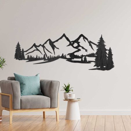 Wooden 3D decoration of mountains and conifers carved from black HDF board