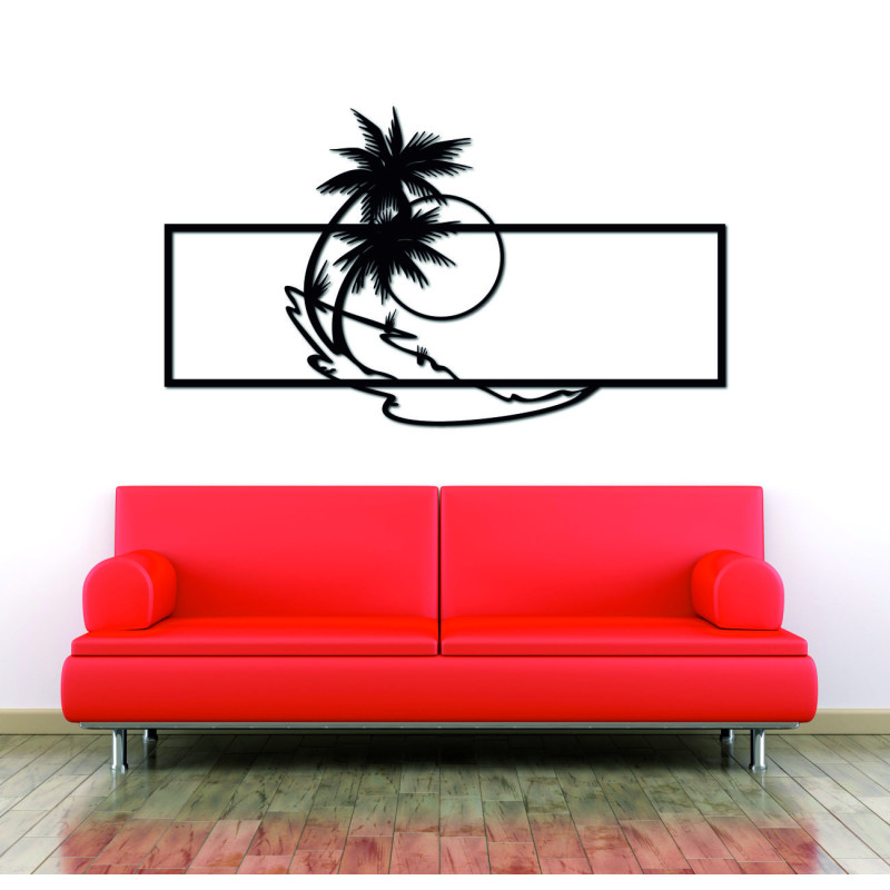Wooden decorative panel with palm trees and sunset
