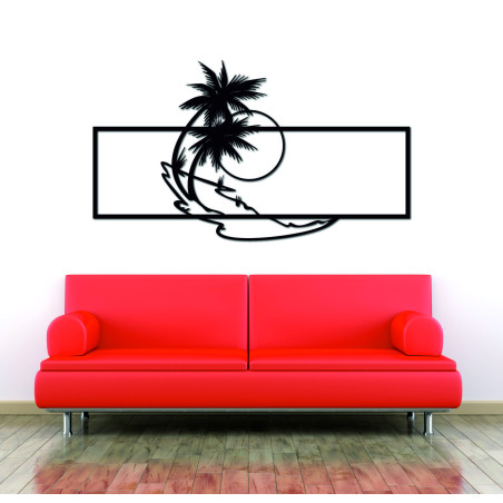 Wooden decorative panel with palm trees and sunset