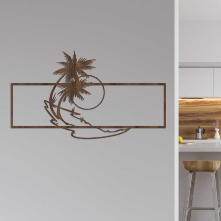 Decorative wooden picture with a beach and palm tree motif for a modern interior