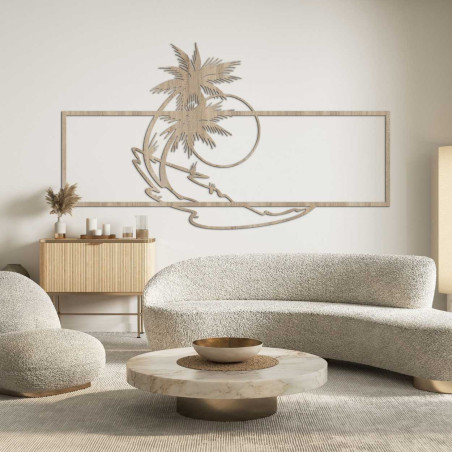 Decorative wooden picture with a beach and palm tree motif for a modern interior