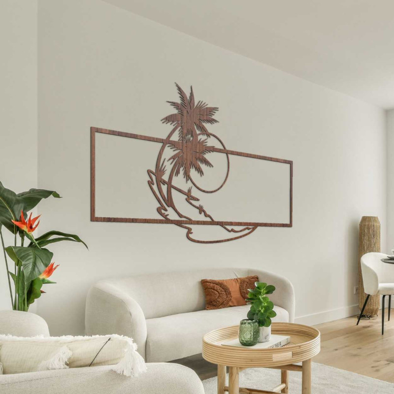 Decorative wooden picture with a beach and palm tree motif for a modern interior