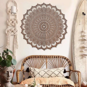 Wooden circular Mandala painting, laser-cut. Precise geometric wall decoration, brown. 2
