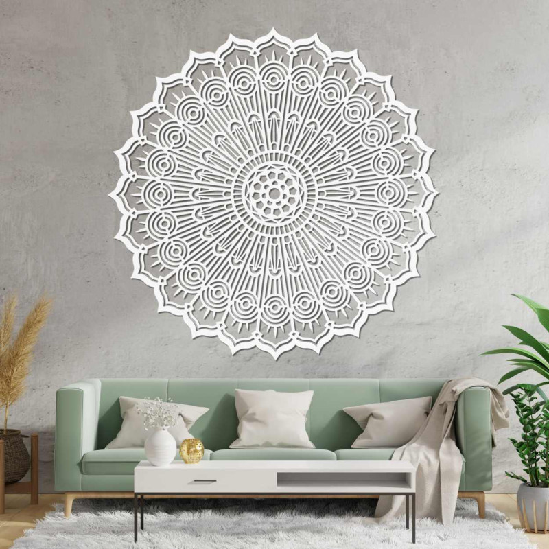 Wooden circular Mandala painting, laser-cut. Precise geometric wall decoration, brown.