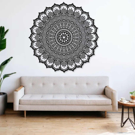 Wooden circular Mandala painting, laser-cut. Precise geometric wall decoration, brown.