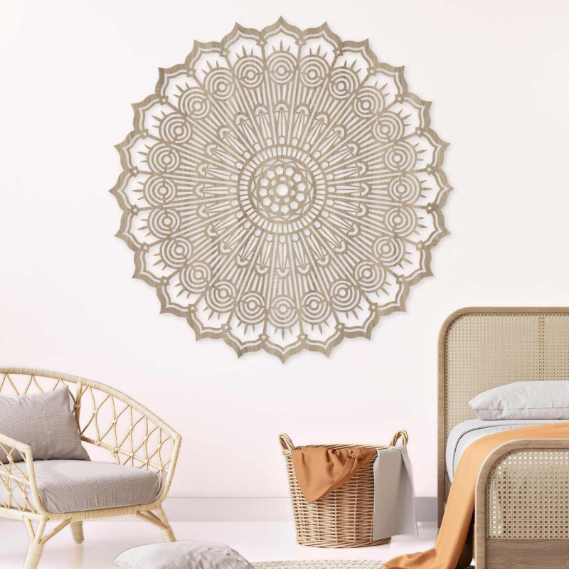 Brown carved Mandala, circular wooden panel. Geometric art and ornamental home decoration.