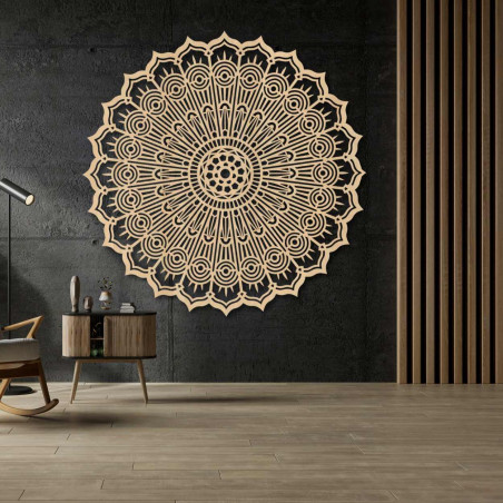 Brown carved Mandala, circular wooden panel. Geometric art and ornamental home decoration.